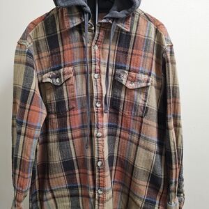 Legendary Whitetails Men's XL Hooded Flannel Shirt Plaid Brown Rust Blue